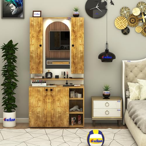 Image of Anikaa Opulex Engineered Wood Dressing Table with Mirror Cabinet, LED Lights, Storage Shelves & Back Panel - Wall Mounted Makeup Vanity & Organizer for Bedroom -(Gaintwood /White) DIY Installation