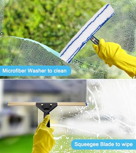 Image of Professional Window Cleaning Kit with 50 inch Extension Pole, 8-in-1 Window Scrubber Squeegee Set, 14 inch Flexible Head, 3 Gallon Storage Bucket, Spray Bottle Microfiber Cloths for High Indoor /Outdoor Glass