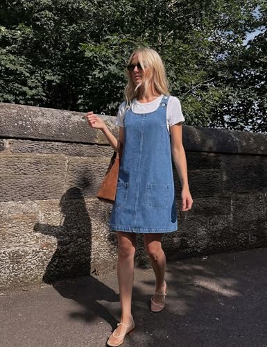 Image of Xaspee Denim Overall Dress for Women Casual Mini Sleeveless Jean Vintage Jumper Skirt Dress with Pockets