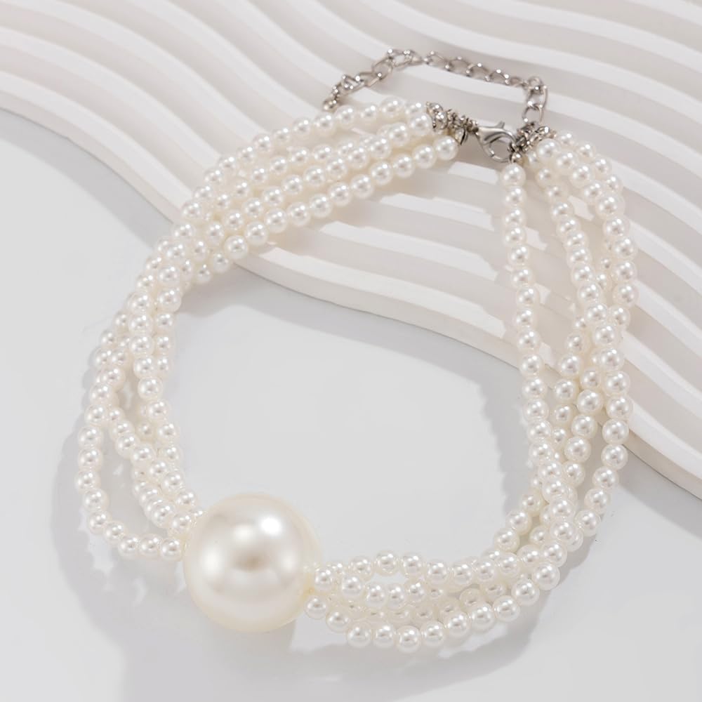 Women Boho 1920s Pearls Choker Necklaces Gold Silver Dainty Pearls Layered Choker Necklaces Fashion Chunky Pendant Multilayer Adjustable Layering Chain Necklaces for Women - Image 3