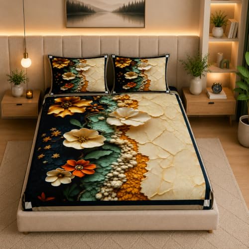 Image of 7D Digital Printed King Size Bedsheet with 2 Pillow Covers | Soft Premium Cotton Feel Microfiber Double Bed Bedsheet | Wrinkle Free & Fade Resistant | (Digital1 FLW, King Size - 90 x 100)