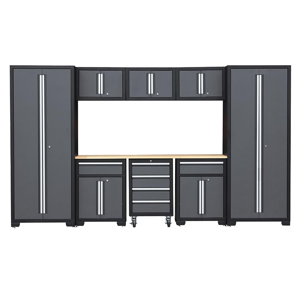 9-Piece Steel Garage Storage Cabinet System with Wooden Work Top, 130 in. L x 18 in. D x 76 in. H Assembled Workshop Chest Cabinet Set in Charcoal Gray
