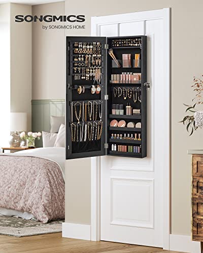 Image of SONGMICS Mirror Jewelry Cabinet Armoire, Wall or Door Mounted Jewelry Storage, Hanging Lockable Frameless with 2 Plastic Cosmetic Organizers, Gift Idea, Black UJJC001B01