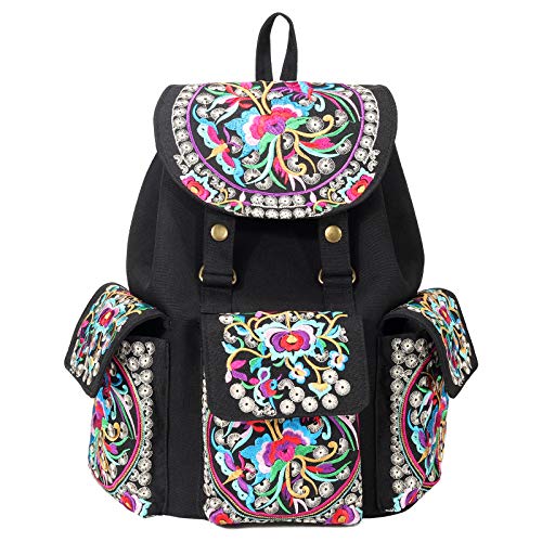 Image of SILKAREA Vintage Embroidered Backpack Purse for Women Handbag Canvas Shoulder Bag Ethnic Boho Travel Backpack (Black S2) Large