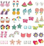 24 Pairs Hypoallergenic Stud Earrings Set for Girls Cute Stainless Steel Earrings Fun Todder kids Stud Earrings Butterfly Flower Rainbow Earring for Little Girls