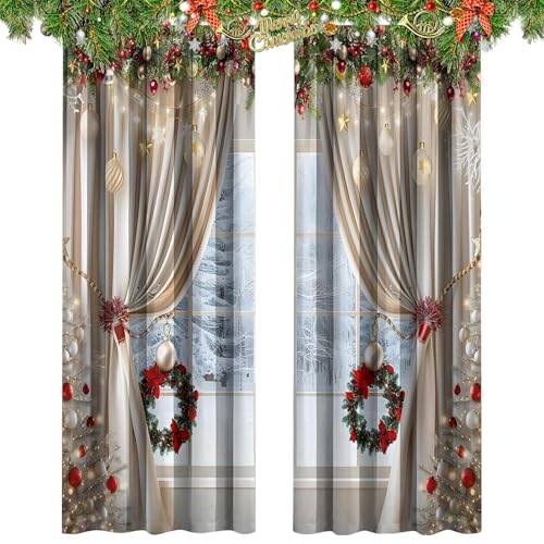 Liqzirtu Cortinas para Ventanas de Navidad: Cortinas con Ramas, Paneles Impresos con Arte navideño clásico, decoración Interior y Exterior, Pantalla de Fondo para Tienda de en la habitación