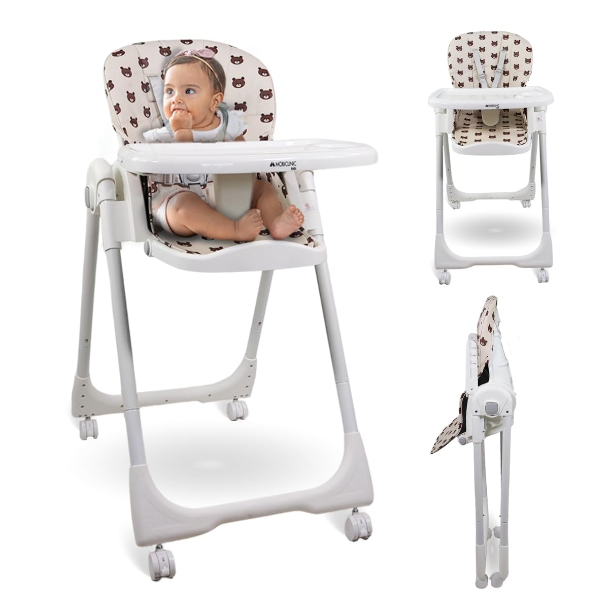 Mobiclinic®, Trona para Bebé, Extraplegado, Evolutiva Silla Alta, Reclinable, Regulable 7 Posiciones, Infantil, Arnés con 5 Puntos, Hasta 15 kg, Doble Bandeja Desmontable, Lavable, Frenos, Simba