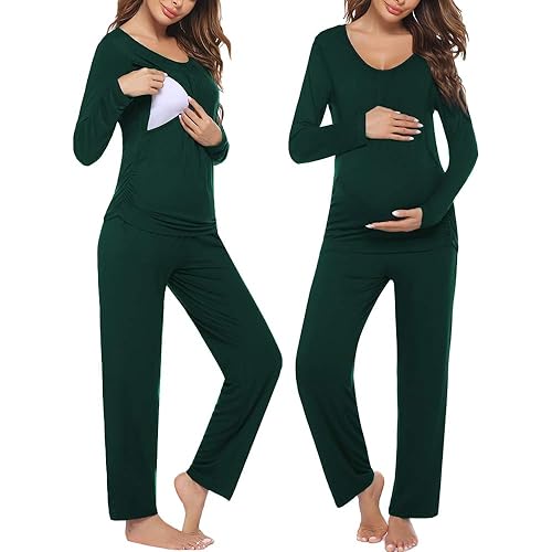 Ekouaer Women's Maternity Nursing Pajama Set Breastfeeding Sleepwear Set Double Layer Short Sleeve Top & Pants Pregnancy PJS