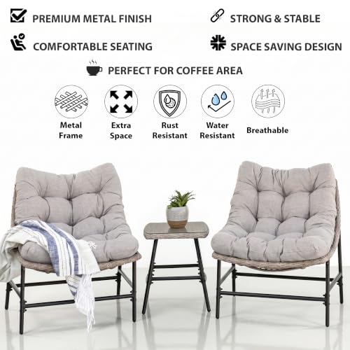 Image of OUTLIVING Fluffo Outdoor Two Seater Braid & Rope Conversation Set | UV & Water Resistant Patio & Garden Furniture Set with 2 Cushioned Chairs & Center Table with Glass Top | Slate Grey