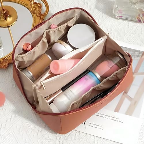 Image of NFI Essentials Pack of 2 Cosmetic Travel Organizer Bag, Women's Makeup Pouch Toiletry Bag Portable Leather Wide Opening Cosmetics Bag with Handle and Divider, 8Cm, Assorted