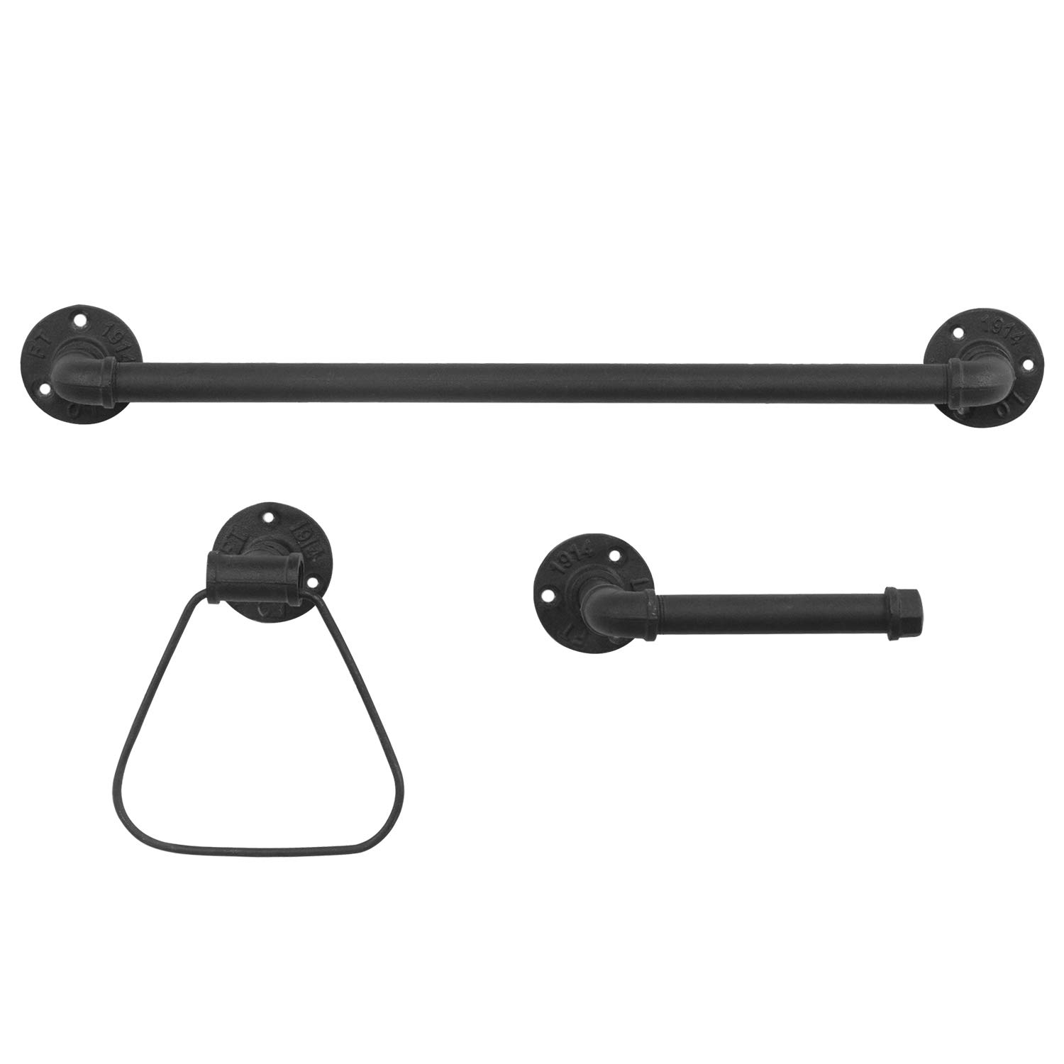 MyGift 3-Piece Matte Black Metal Pipe Bathroom Hardware Set with Toilet Paper Holder, Hand Towel Ring and Bath Towel Bar Rack