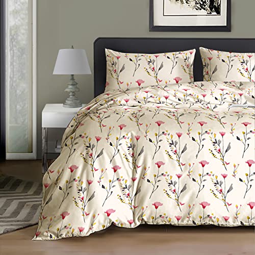 RAYBedding 3PCS Duvet Set 100% Egyptian Cotton Double Bed Set 400 Thread Count Floral Printed Blossom Pink Duvet Cover with Pillow Cases 2 Pack
