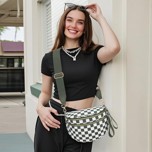 Image of WOOMADA Checkered Crossbody Bag Bum Bag for Women, Fanny Pack Checkered Purse, Belt Bag with Shoulder Strap(Army Green Checkerboard)