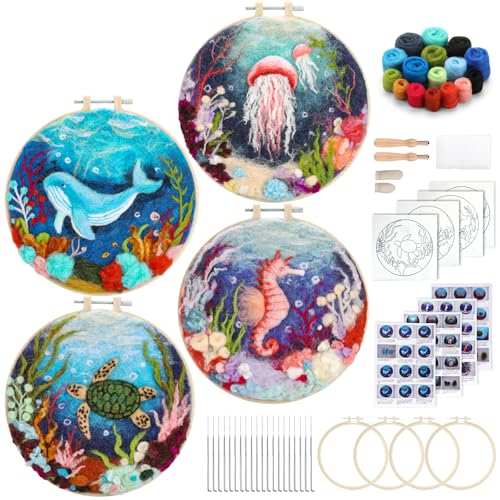 Image of Fedmut Needle Felting Kit, Wool Felting Kit for Beginners Adult with Wool, Needles, Foam Pad, Felt Cloth and Instructions - 4 Set Sea Animals Painting Frame for Great Gift Decoration