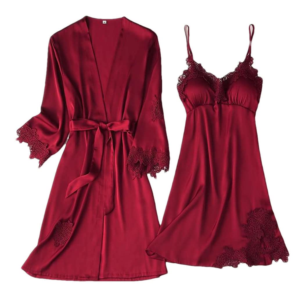 Haitpant Sexy Hochzeit Damen Robe Anzug Lose Satin Braut Braut Braut Kimono Bademantel Mini Nachtwäsche Intimate Lingerie, Burgund C, 42