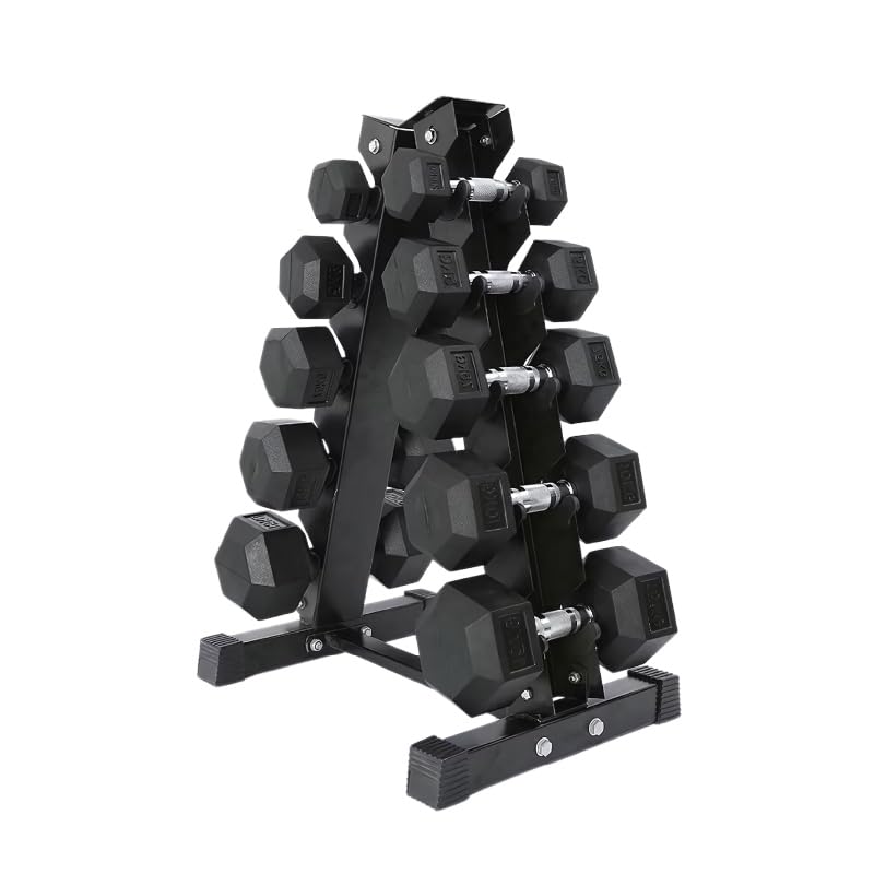 Hex Dumbbell Set with Storage Rack | Heavy Duty Rubber Dumbbells Weights Set for Home Gym (Include Rack, 7+7.5+8+9+10 KG Pair Set)