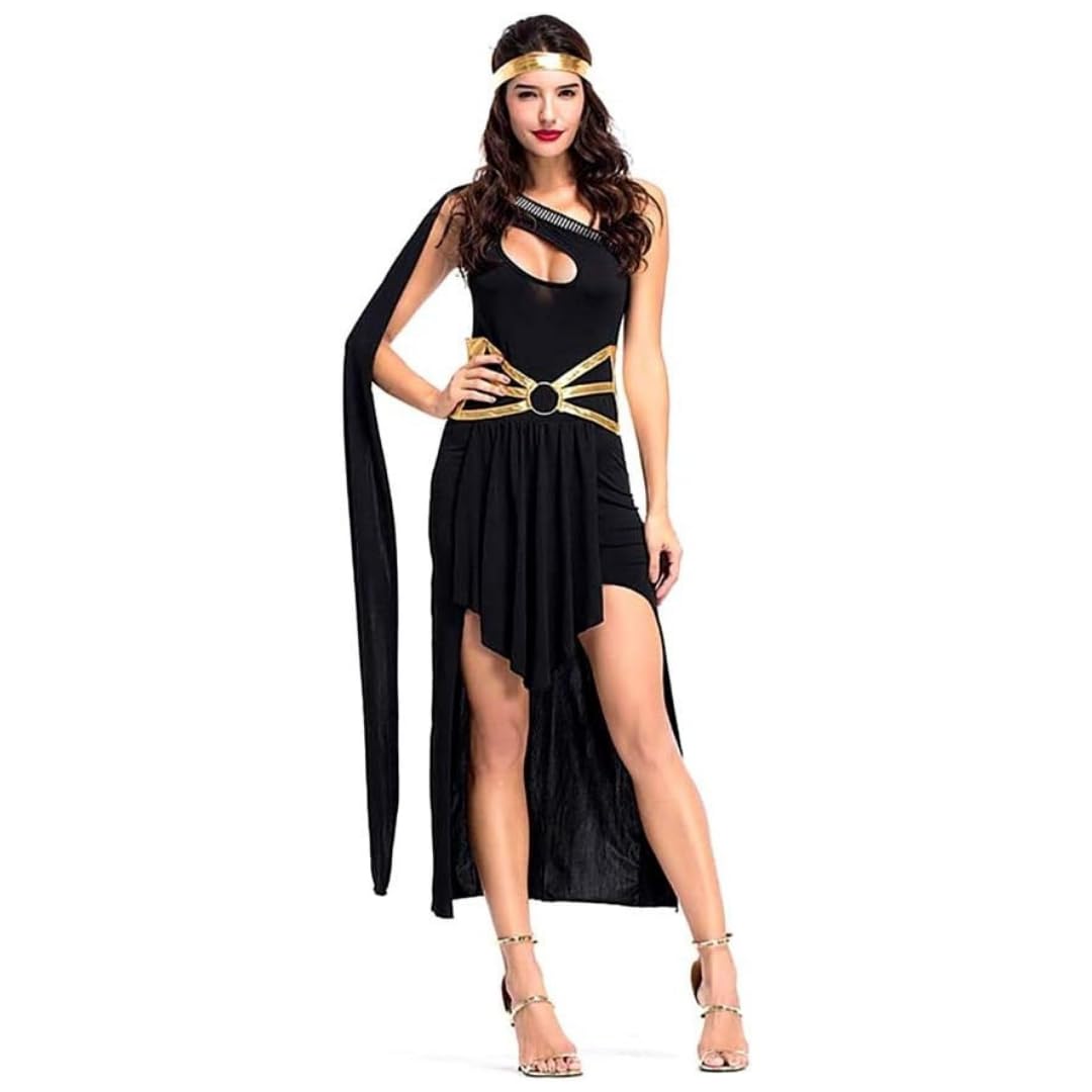 Wanna Party Women’s Black Greek Goddess One-Shoulder Costume with Golden Belt – Elegant Halloween Fancy Dress Outfit (Bust Size 34") for Halloween Costume for Women