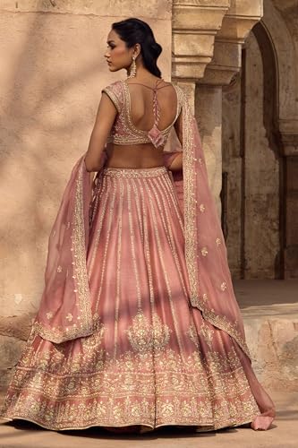 Image of JIHU CULTURE Women's Semi-Stitched Pink Fancy Silk Zari & Sequin Embroidered Lehenga Choli with Net Dupatta
