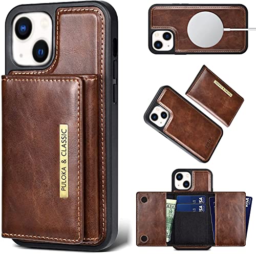 Image of PULOKA Wallet Back Case - Compatible with iPhone 14 - Vegan Leather Phone Cover - Detachable Card Holder Case with Kickstand - Shockproof, Anti Scratch & Raised Edges for Protection - Brown