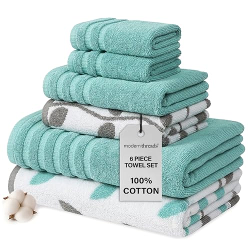 Modern Threads Organic Vines 6-Piece 100% Cotton Towel Set – Yarn Dyed Jacquard & Solid – Includes 2 Bath Towels, 2 Hand Towels, 2 Washcloths – Absorbent, Quick Dry, Soft & Durable – Aqua