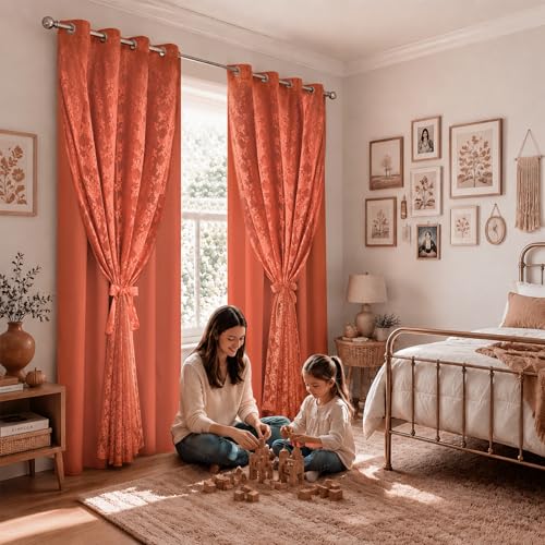 Image of Yinhua Terracotta Curtains for Living Room Double Layer Curtain with Sheer Overlay Farmhouse Blackout Curtains for Bedroom 84 Inch Length, Grommet Drapes with Tiebacks, 2 Panels