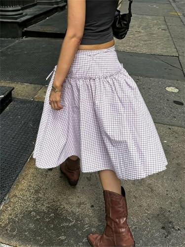 Women Y2K Plaid Midi Skirt Gingham Low Waist Tie Up A Line Frill Ruffle Hem Maxi Skirts Vintage Teen Girls Streetwear3
