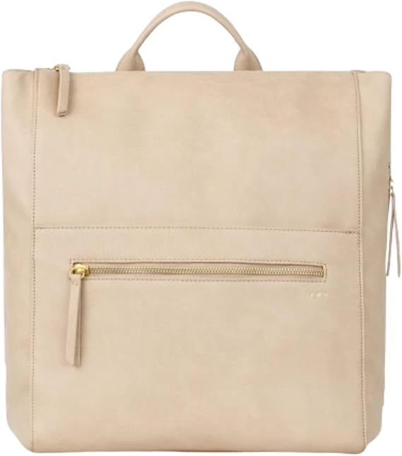 FAWN DESIGN Diaper Bag, Square Faux Leather Diaper Bag Backpack, Adjustable Detachable Straps, 12 Pockets and Laptop Sleeve, Vegan Leather, Large Capacity Baby Bag for Mom, 15 x 12 x 8 inches, Beige