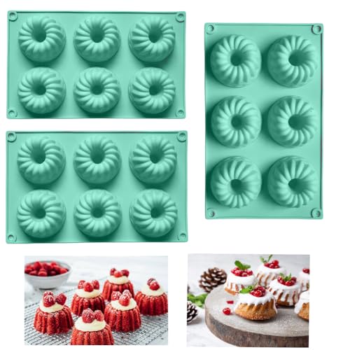 Firavggu 3 Stk Mini Gugelhupfform Silikon Gugelhupf Form Silikonform 6 Capacity Klein Gugelhupf Kuchenform Backform Antihaftbeschichted Cake Form für Kuchen Muffins Brownie Pudding(Grün)
