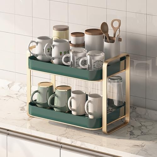2/3 Tier Mug Holder Rack for Countertop, Carbon Steel Coffee Cup Organizer with Drying Tray, Space-Saving Kitchen & Bathroom Storage, 13.78 x 9.84 x 18.5 in