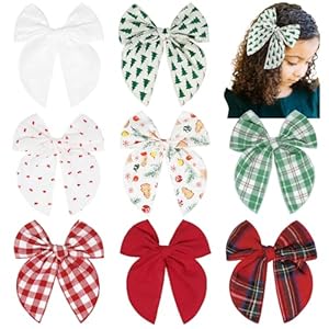 DEEKA 8 PCS Large Red and Green Christmas Themed Hair Bows for Toddler Girls, Handmade Cotton Fabric Hair Accessories