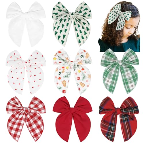 DEEKA-8-PCS-Large-Red-and-Green-Christmas-Themed-Hair-Bows-for-Toddler-Girls-Handmade-Cotton-Fabric-Hair-Accessories
