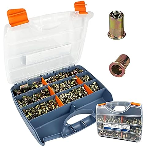 860pcs Rivet Nut Kit, SAE UNC Rivet Nuts Assortment 6#-32, 8#-32, 10#-24, 1/4"-20, 5/16"-18, 3/8"-16, 1/2"-13, Zinc Plated Finish, Carbon Steel Flat Head Insert Threaded Rivet Nut Tool Kit with Case Cover