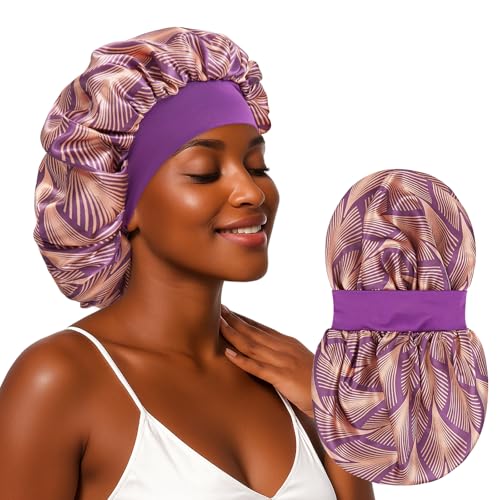 ZHENSILK Silk Satin Sleep Bonnet for Women, Double Layer Hair Cap with Soft Elastic Band, Large Silk Bonnet for Sleeping Curly Hair, Anti-Frizz Night Cap (Purple Mist)