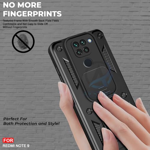 Image of AESTMO Tough Armor Redmi Note 9 Bumper Back Case Cover | Ring Holder & Sliding Camera Shield Cover | 360 Degree Protection Back Case Cover for Redmi Note 9 (Black)