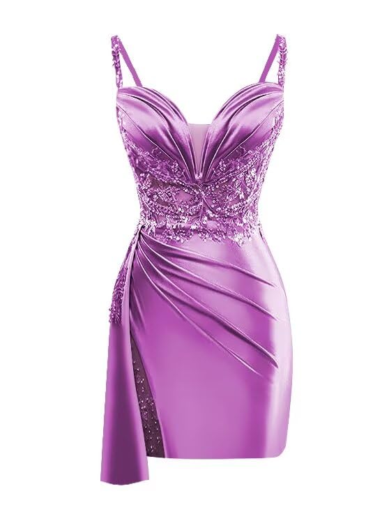 V Neck Satin Homecoming Dresses Mermaid Lace Short Porm Dress Pleated Bodycon Cocktail Dress with Tail