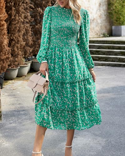 Image of NOLLSOM Women 2026 Spring Dress Floral Boho Dress Casual Long Sleeve Crew Neck Ruffle A-Line Flowy Wedding Guest Maxi Dresses