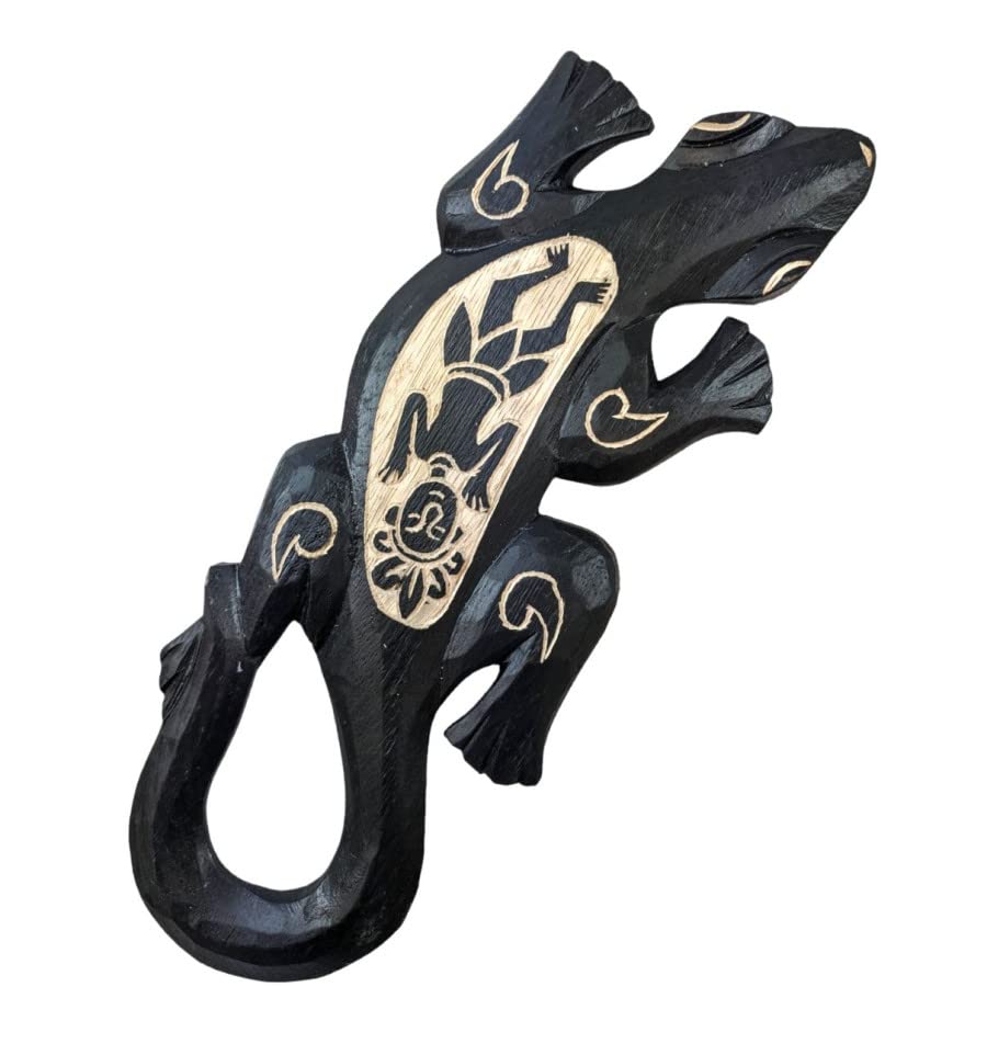 Artisanal Salamandra/Gecko Pared Madera Negro, diseño Tribal Africano 30 cm