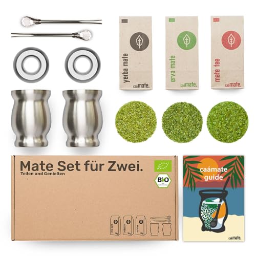 Mate Tee Set Bio ● 3 Matesorten + 2 doppelwandige Edelstahl Matebecher + 2 Bombillas + Zubereitungsanleitung (silber)