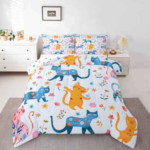 Feelyou Cute Cat Flower Bedding Set for Boys Girls, Cartoon Floral Kawaii Comforter Set Queen Size Funny Cats Animals Duvet Quilt Microfiber Rainbow Printed Bedroom Decor 3 Pcs with 2 Pillow Cases