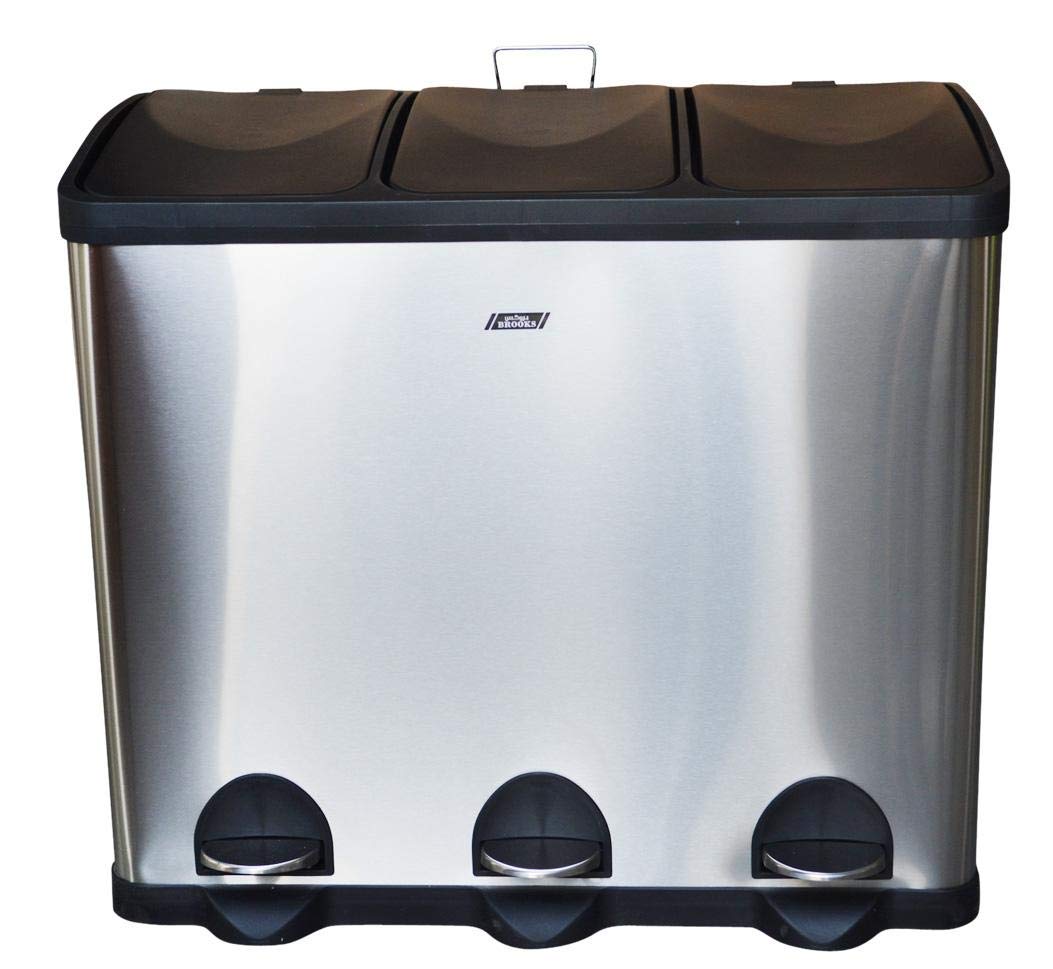 Rectangular 3 stream 60 Ltr. pedal Bin, Metal Waste Bin with Pedal, Lid and Plastic Bucket Insert – Household Rubbish Bin for Bathroom, Kitchen and Office Pedal Bin