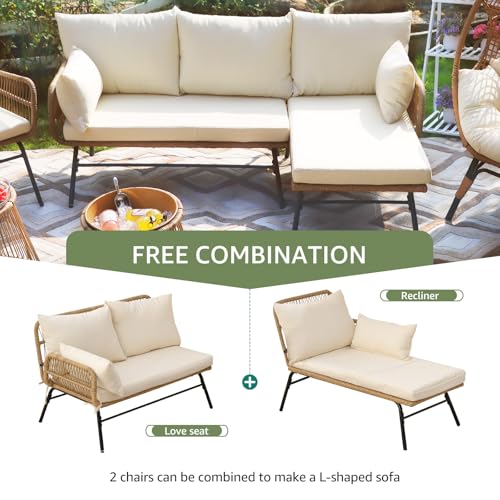 BULEXYARD 7 Pieces Beige Boho Outdoor Patio Furniture Sets with Rocking Papasan Chair, Small Wicker Conversation Sectional Sofa Set with Side Table & Ice Bucket for Backyard, Porch, Deck