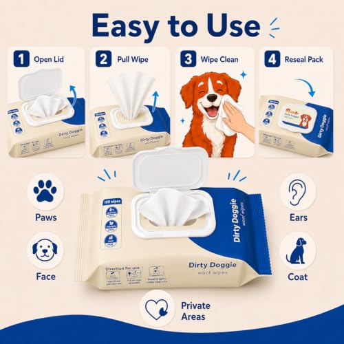 Image of Nootie Dirty Doggie Anti-Bacterial Grooming Wet Wipes for Dogs & Cats - 100 x 4 (15 x 20cm) | Apple Scent Dry Bath, Paw, Ear & Body Cleaning | Alcohol Free Anti-Itch Daily Grooming | All Pet Breeds