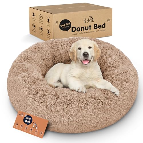 Petloox Donut Dog Bed - Premium Comfort for Anxiety Relief - Fluffy & Calming Design with Ultra-Plush Support | Cozy Round Dog Bed with Super Soft Circle Style (Size S Camel)