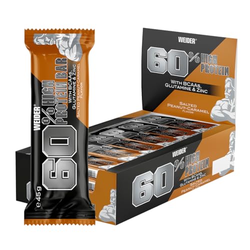 WEIDER 60% Proteinriegel, Eiweißriegel mit dem höchsten Proteingehalt auf dem Markt, High Protein Riegel mit Glutamin und BCAA für Muskelaufbau und Fitness, 24 Stück á 45g, Salted Peanut-Caramel