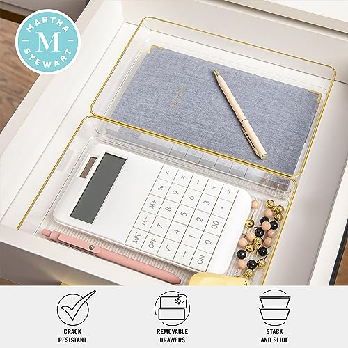Image of Martha Stewart Kerry Plastic Stackable Office Desk Drawer Organizers, 9 inch x 6 inch, 3 Pack, with Gold Trim
