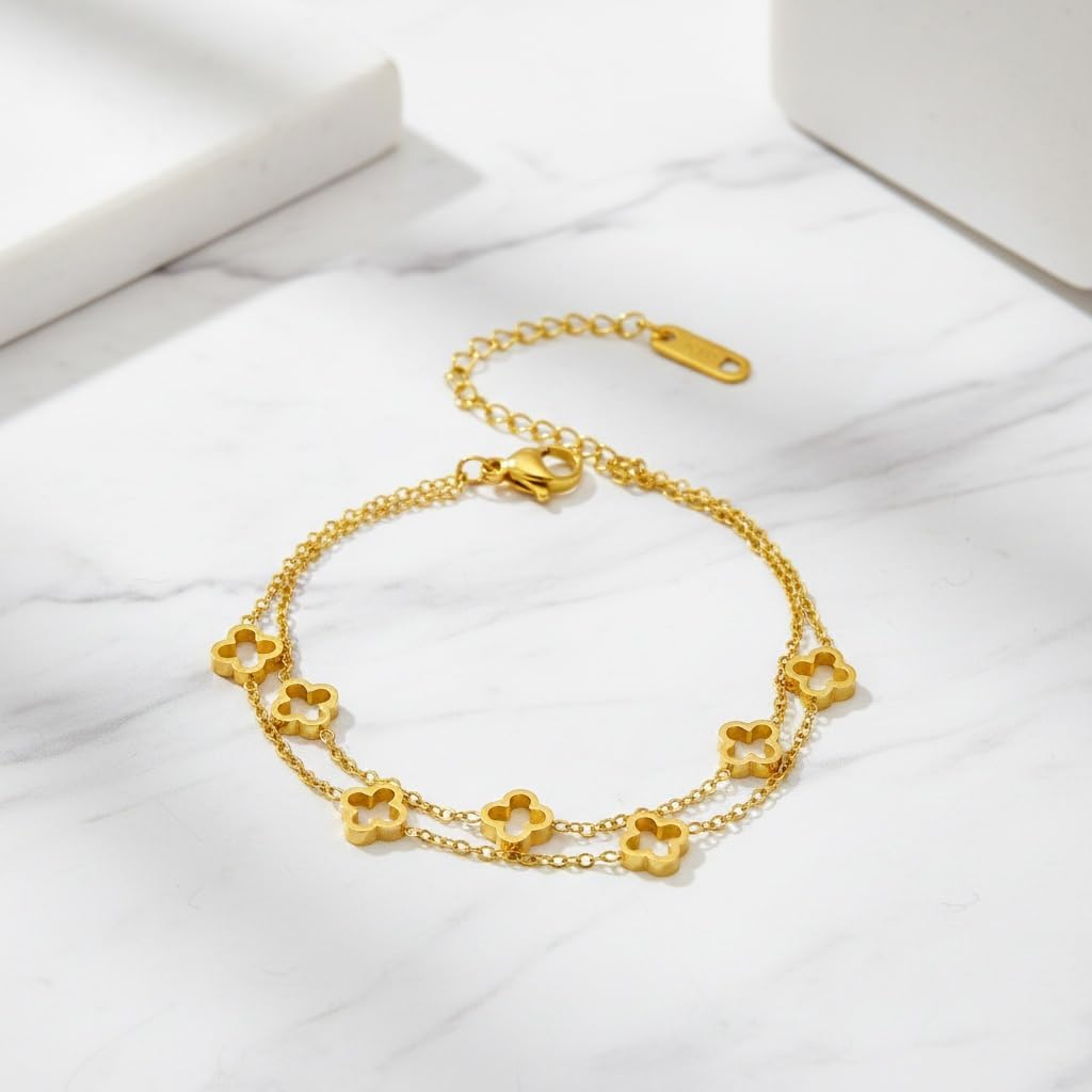 18K Gold Plated Four Leaf Clover Charm Bracelet for Women, Double Sided Flower Link Chain Bracelet, Trendy Jewelry Gifts for Women - Image 2