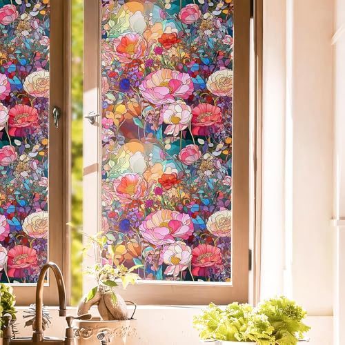 Colorful Pink Red Stained Glass Flowers Blue Purple Wildflowers Window Films Double-Side Decorative Privacy Film Self-Adhesive Static Window Clings Stickers for Living Room Bathroom