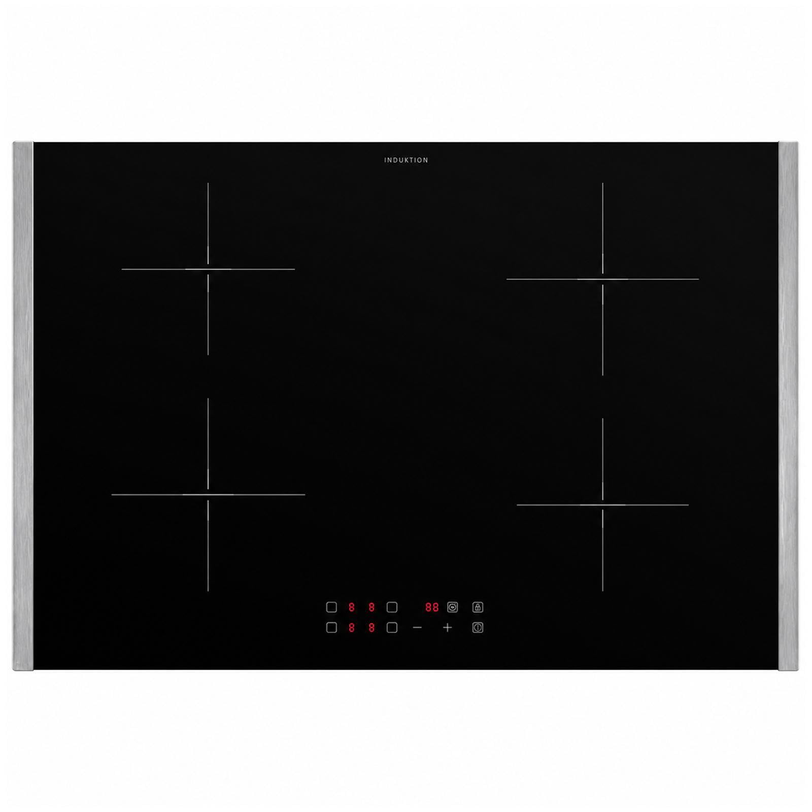 Oranier Kochfeld Induktion 80 cm autark - Glaskeramik mit 2 Edelstahl Seitenleisten, Topfgrößenerkennung, 4-fach Booster, Timer, LED Anzeige rot & Touch Control Steuerung