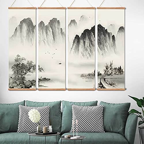 Yodooltly Zhugege Landscape Painting,Wall Art Black And White For Living Room Bedroom,Chinese Traditional Ink Decor,Posters And Prints,4 Piece Set Fixed Wooden Hanging Scroll (12”X36”X4Piece) #TOP5