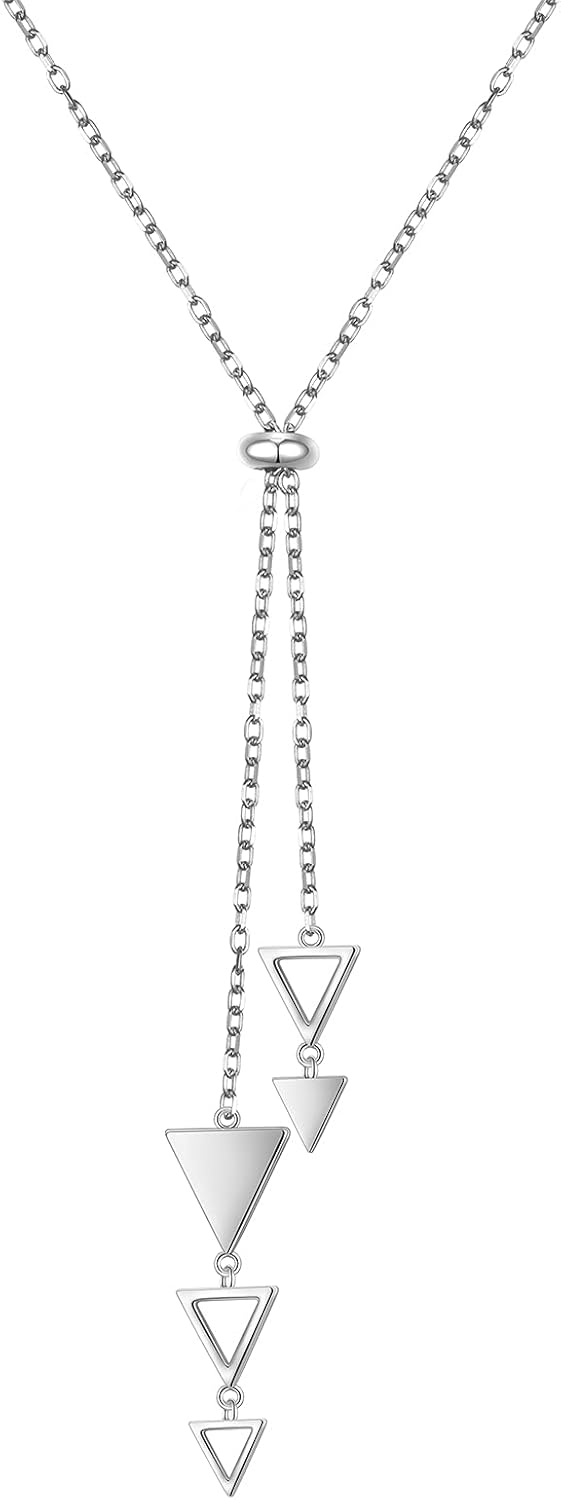 FLYOW Long Chain Dainty Lariat Necklace Simple Style 925 Sterling Silver Heart Pendant Adjustable Y Shaped Necklace Jewelry